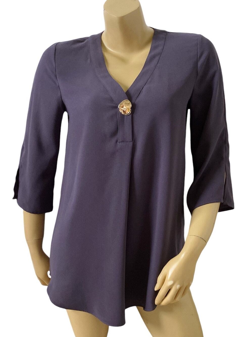 Worthington Tunic Top Womens XS Blue 3/4 Sleeve V Neck Pleated Button Detail